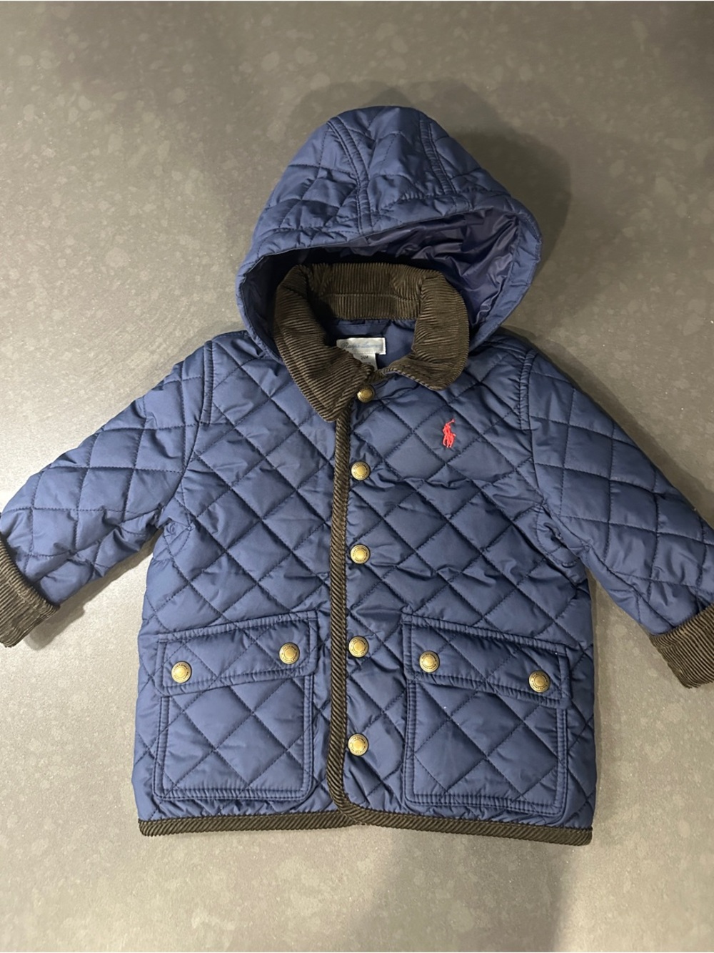 Ralph Lauren Navy Quilted Hooded Toddler Jacket w Red Logo. Hooded Barn Jacket